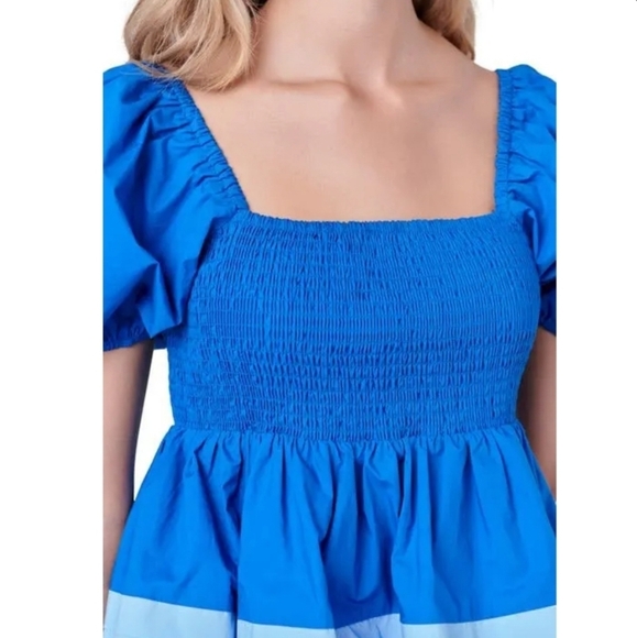 NWT English Factory Blue Puff Sleeve Tiered Smocked Mini dress size Large. - Picture 6 of 10